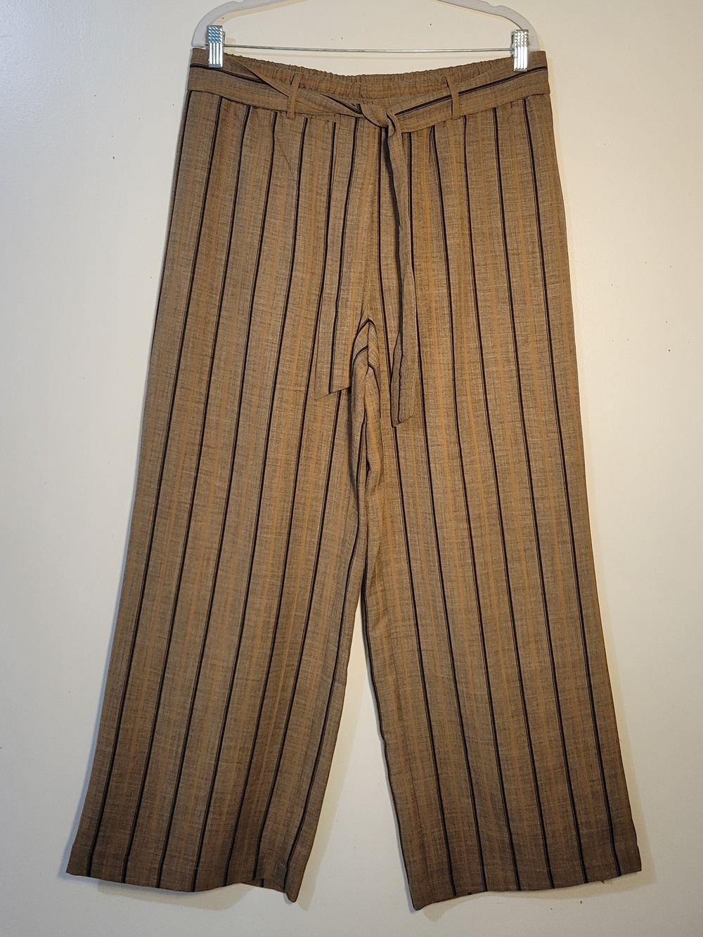 NYCC Women's L Tan Pinstripe Wide-Leg Pull-on Dress Pants with Tie Waist